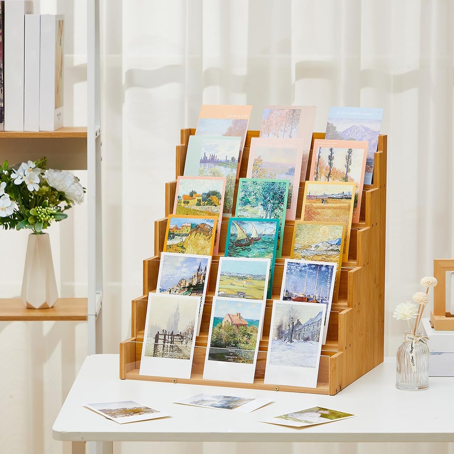 6 Tier Greeting Card Display Stand Wood Color Bamboo and Acrylic Sticker Display Stand Trading Card Holder Retail Photos Shelf for Vendors Craft Collection & Show