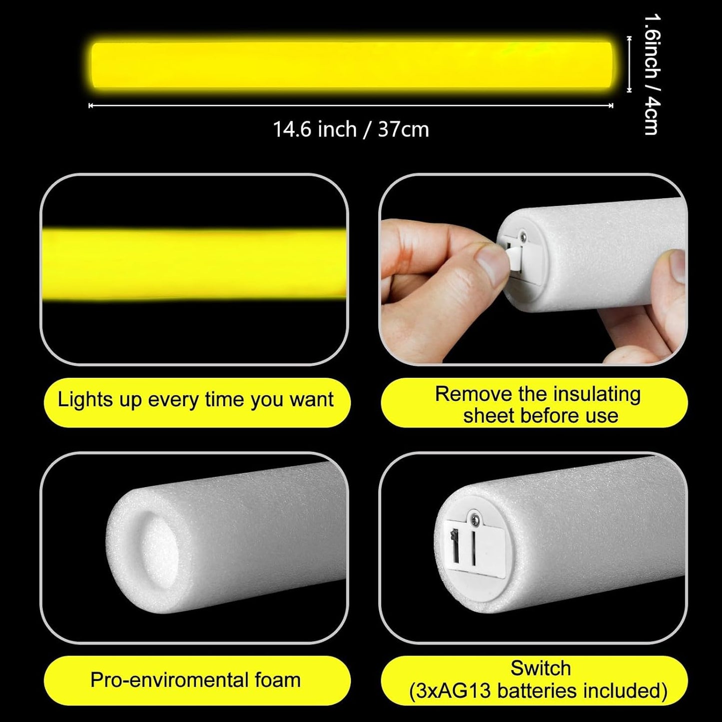 Glow Foam Sticks Bulk, 24 Pcs Yellow Giant LED Light Up Sticks 3 Modes Flashing Glowing Baton Wands Party Supplies for Easter, Wedding, Raves,Concert,Birthday,Christmas, Halloween