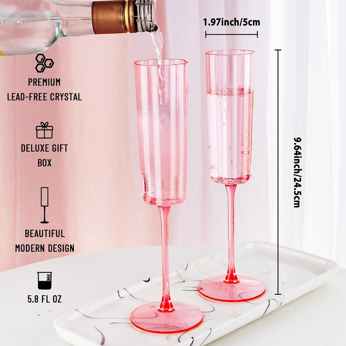 Ciaell 24 Pack Pink Plastic Champagne Flutes - 6 Oz Flower Wavy Champagne Glasses - Heavy Duty Vintage Disposable Glassware for Party & Anniversary & Wedding