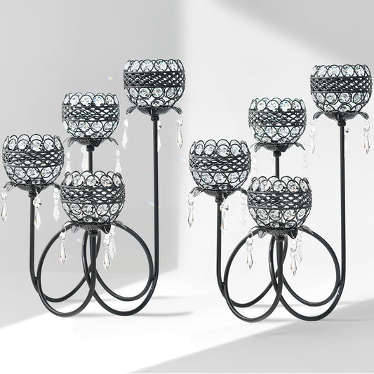 4 Arms Crystal Candelabra Tealight Holder - Tall 15.7 Inch Elegant Centerpiece with Crystal Pendant Bowls & Artistic Metal Stand for Wedding, Dining Table, Home Decor (2, Black)