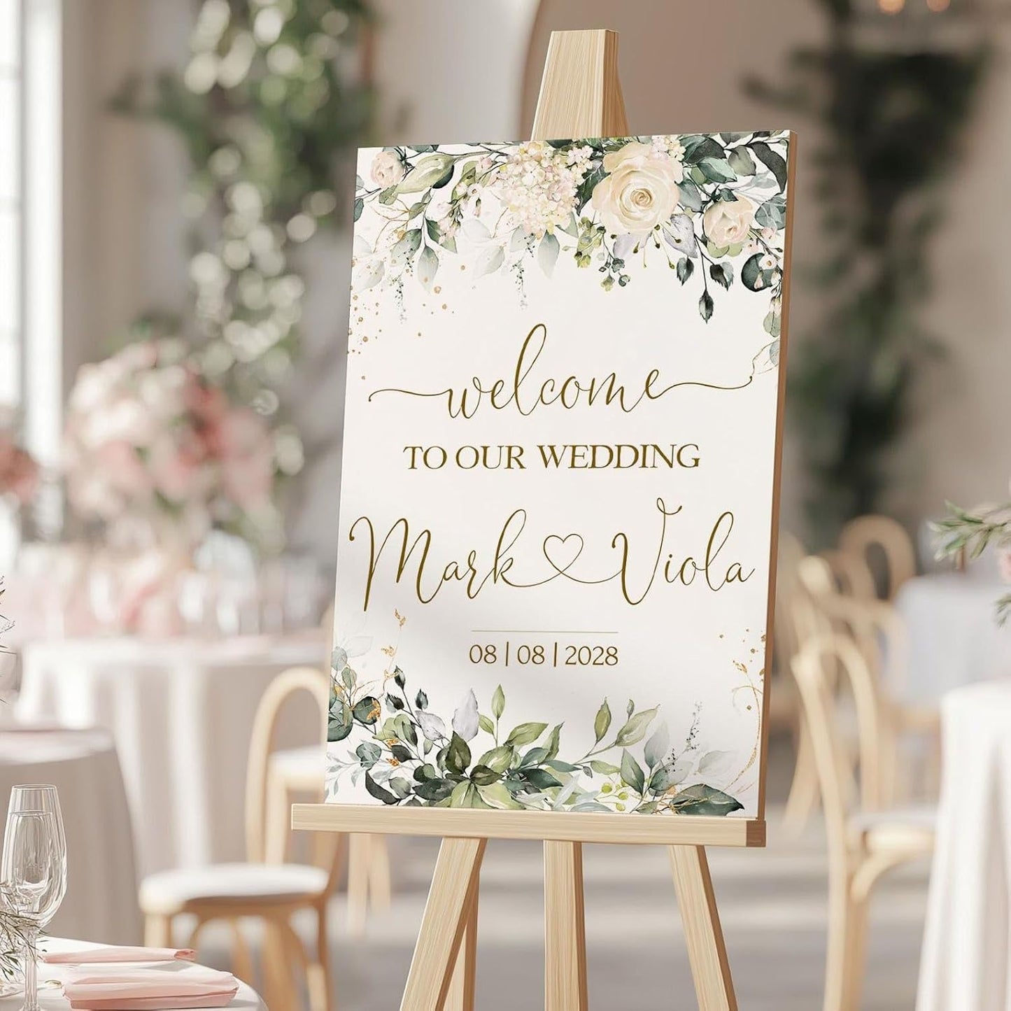 Welcome Wedding Sign Personalized, Minimalist Ivory Floral Wedding Sign Decorations Signage 12" X 18" (Small), 27" (Medium), 36" (Large), Plastic, Modern, Pole Mount, Weather