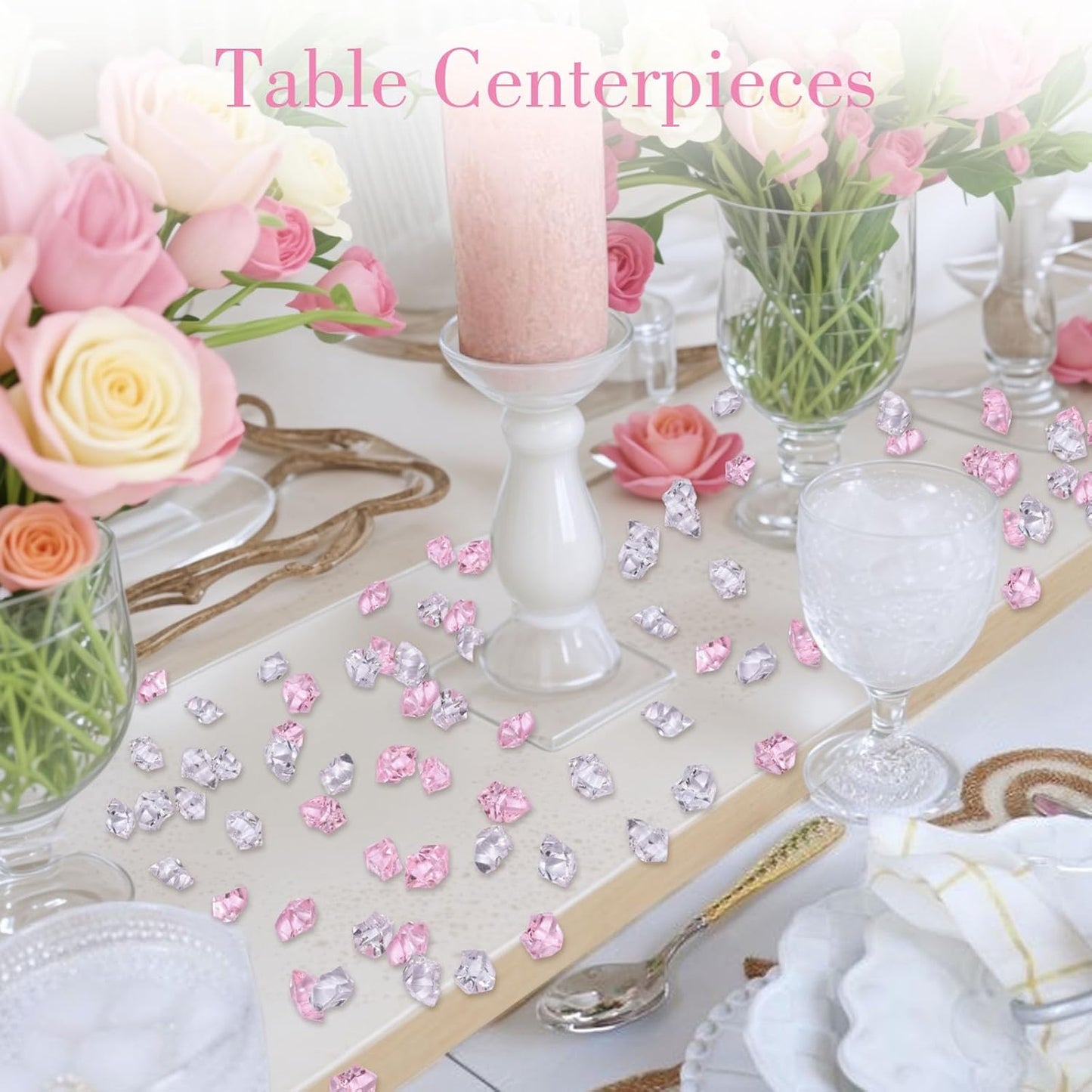 DomeStar Fake Ice, 150PCS Acrylic Fake Diamonds Vase Fillers Pink and Transparent Rocks Plastic Gems for Party Table Scatter Decor