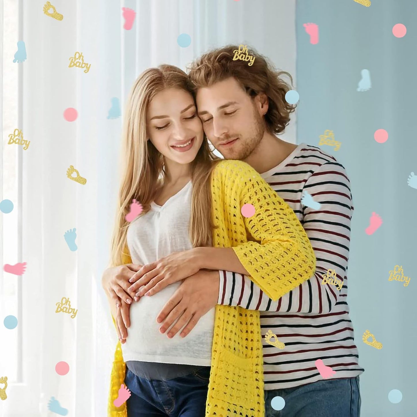 MARFOREVER 350 Pieces Gender Reveal Confetti Baby Shower Decoration Pink Blue Gold Round Glitter Confetti Oh Baby Footprints Table Paper Confetti for Gender Reveal Party Table Wedding Decor