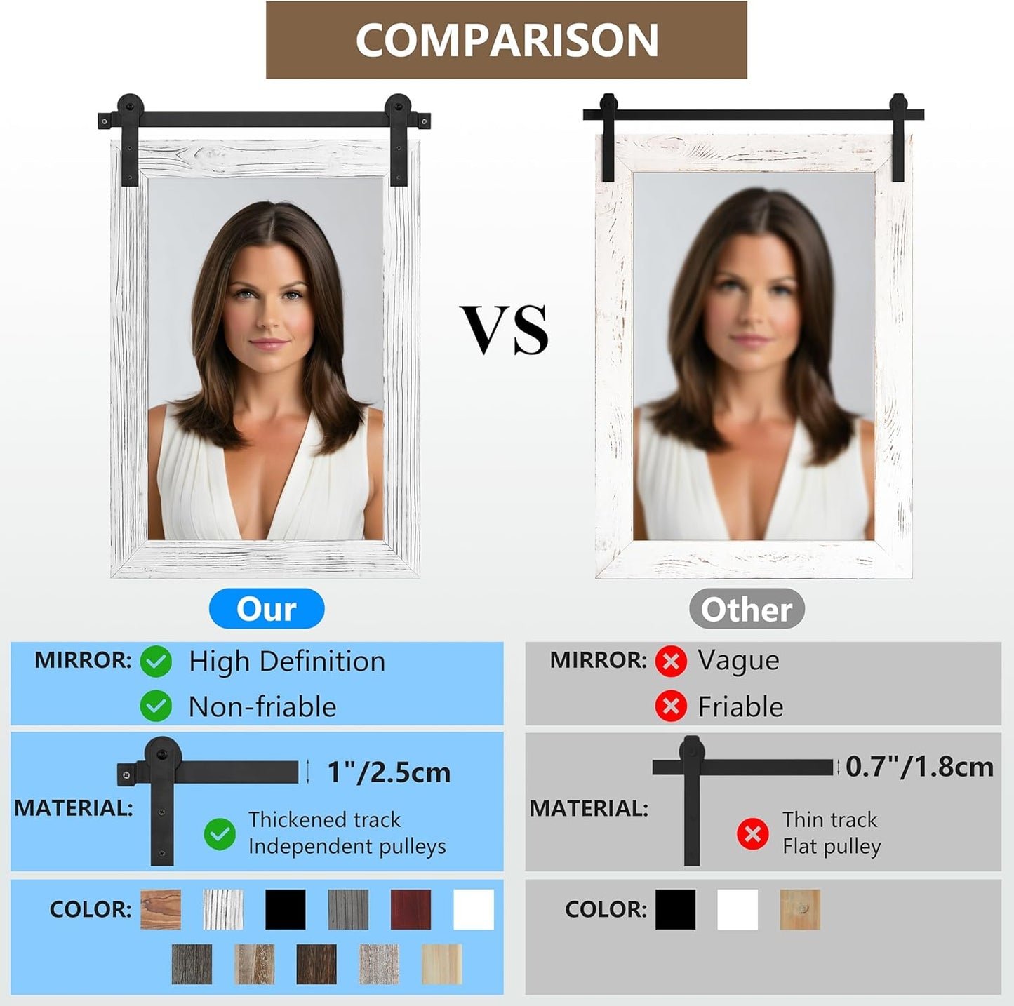 COGOOD Farmhouse Barn Door Mirror - 26" X 17" Rustic Wood Framed Wall Mirror for Bathroom, Living Room, Entryway Wall Decorative (White)