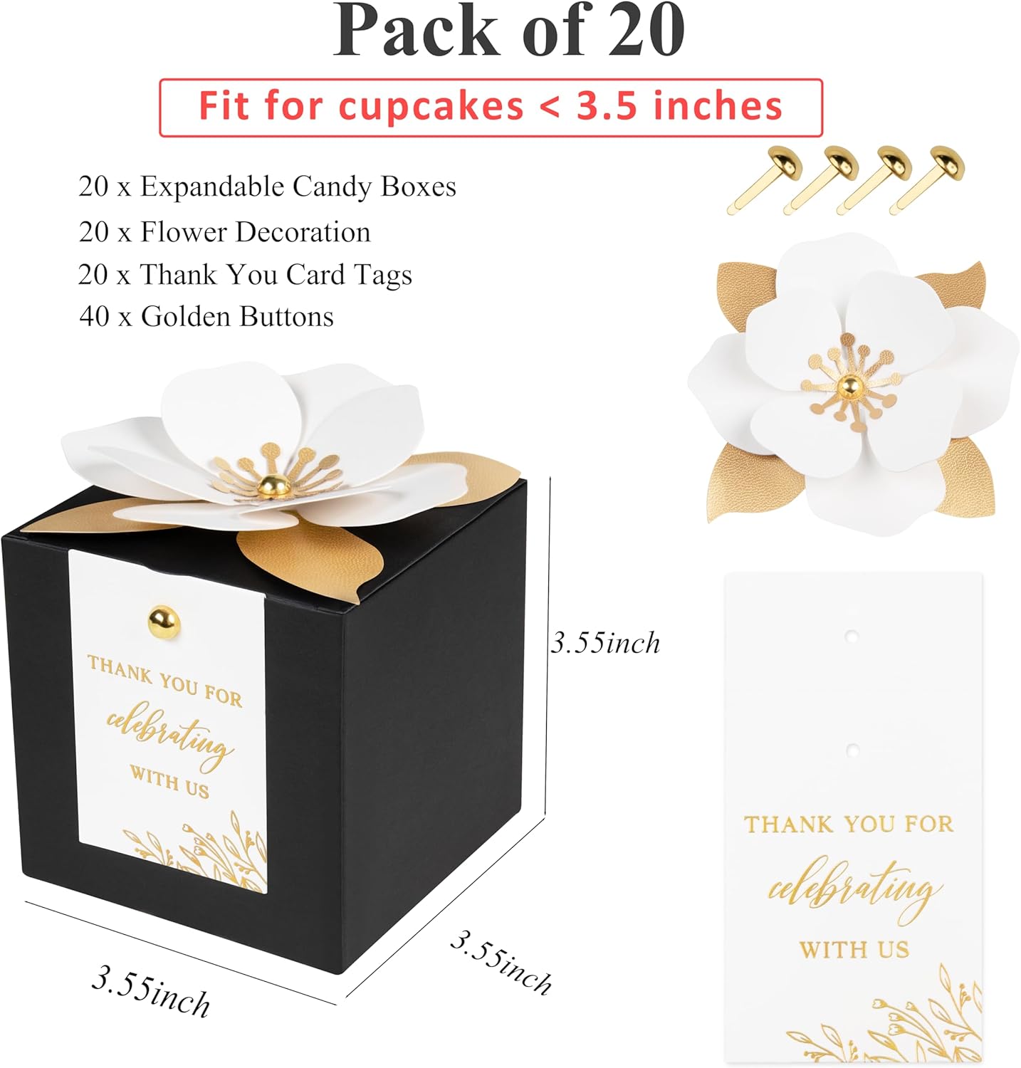 FEIYI 20 PCS Black Gift Boxes, 3 In 1 Favor Boxes with Floral Decor, White Thank You Tags Cupcake Containers Gift wrapping for Wedding, Baby Shower, Birthday, Decorations Party - 3.55x3.55x3.55