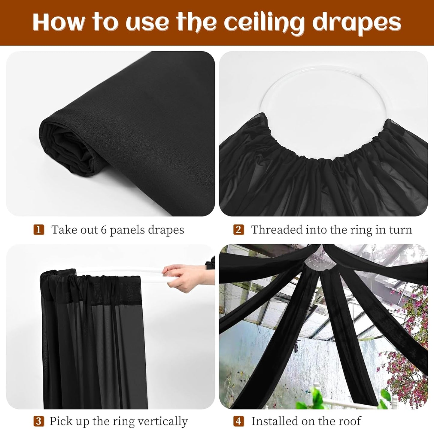 6 Panels Black Ceiling Drapes 5ftx10ft Wedding Chiffon Fabric Arch Draping Sheer Curtains Soft Drapery for Party Ceremony Stage Swag Decorations
