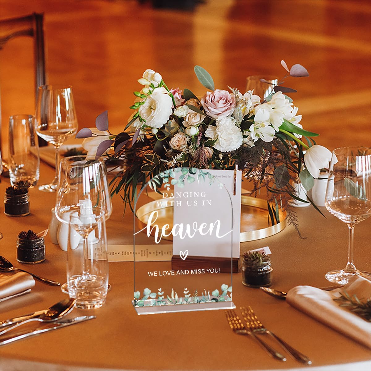 Acrylic Wedding Sign Dancing With Us In Heaven Signs for Ceremony Modern Calligraphy Arch Acrylic Table Top Signs for Wedding Reception and Event Party Table Decor (Eucalyptus Leaves)
