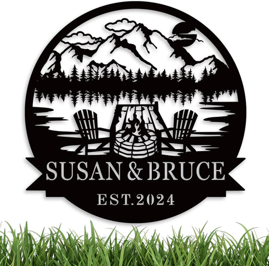 Custom Metal Family Name Sign, Custom Campfire Metal Name Sign, Campsite Monogram Forest Sign,Campsite Sign, Personalized Camping Gifts Fire Pit Sign, Camper Lover Gift, Design 183