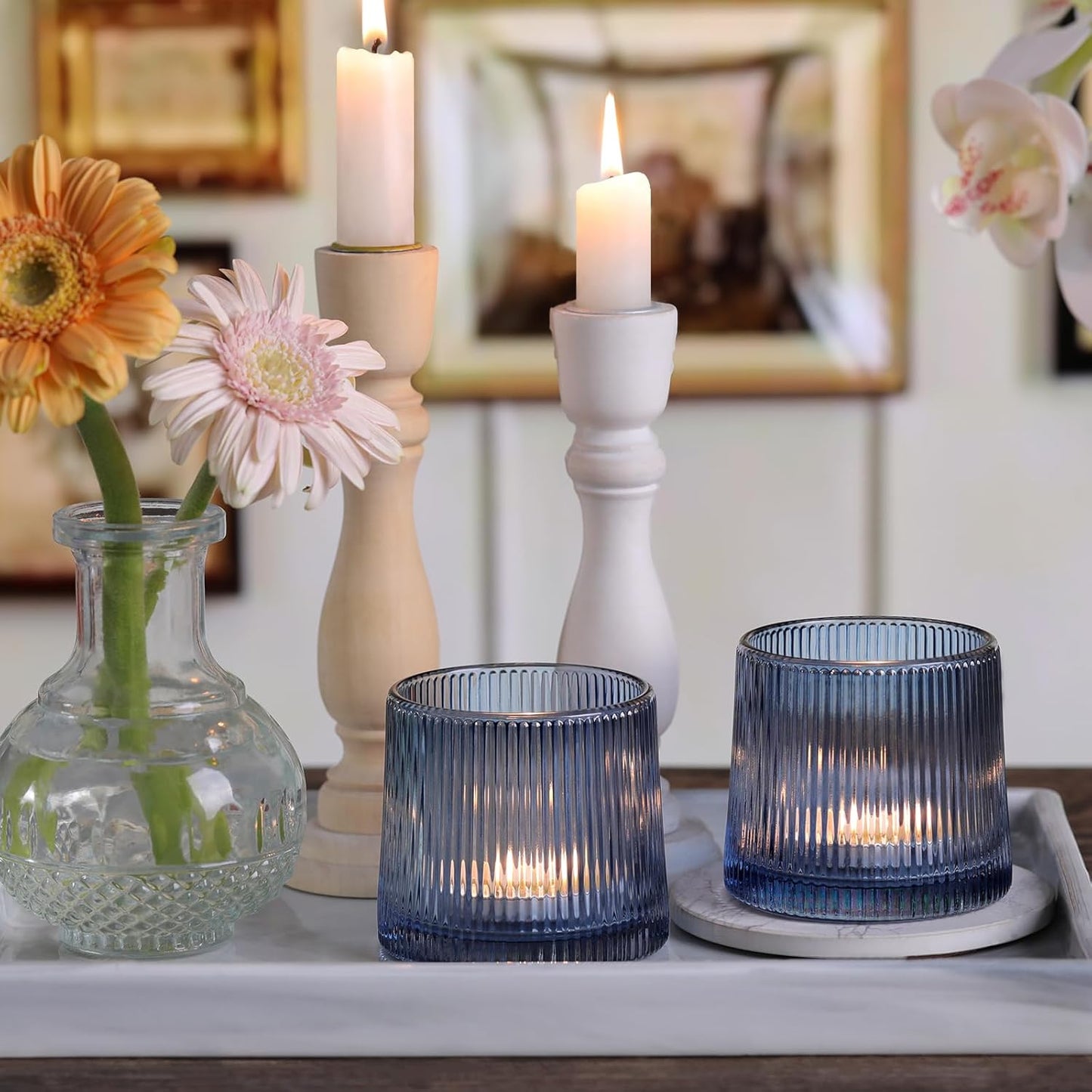 DARJEN Blue Ribbed Tealight Votive Candle Holders- 6Pack Glass Candle Holders for Table Centerpiece, Wedding Decor, Home Decor, Party Dinner