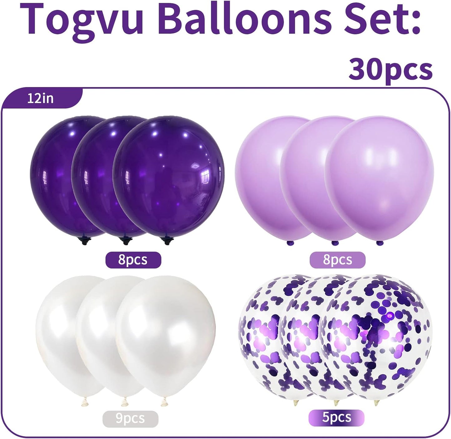 Purple and White Balloons, 30Pcs Dark Pastel Purple White Lilac Confetti Helium Balloons, Lavender Party Balloons for Girls Women Wedding Halloween Birthday Bridal Shower Graduation Party Decorations