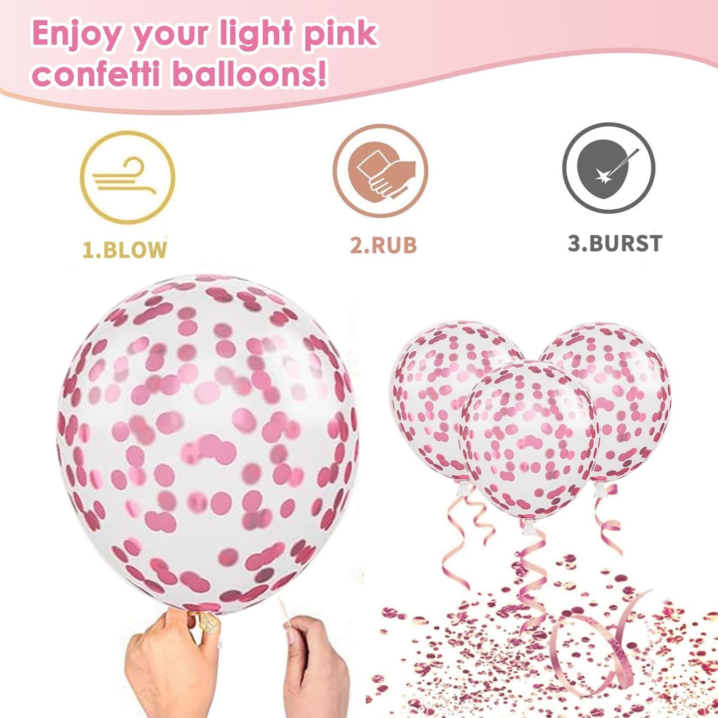 Light Pink Confetti Balloons, 50pcs 12 Inch Metallic Pink Balloons and Hot Pink Latex Balloons Baby Pink Balloon for Birthday Party Wedding Anniversary Gender Revea Princess Party Decorations