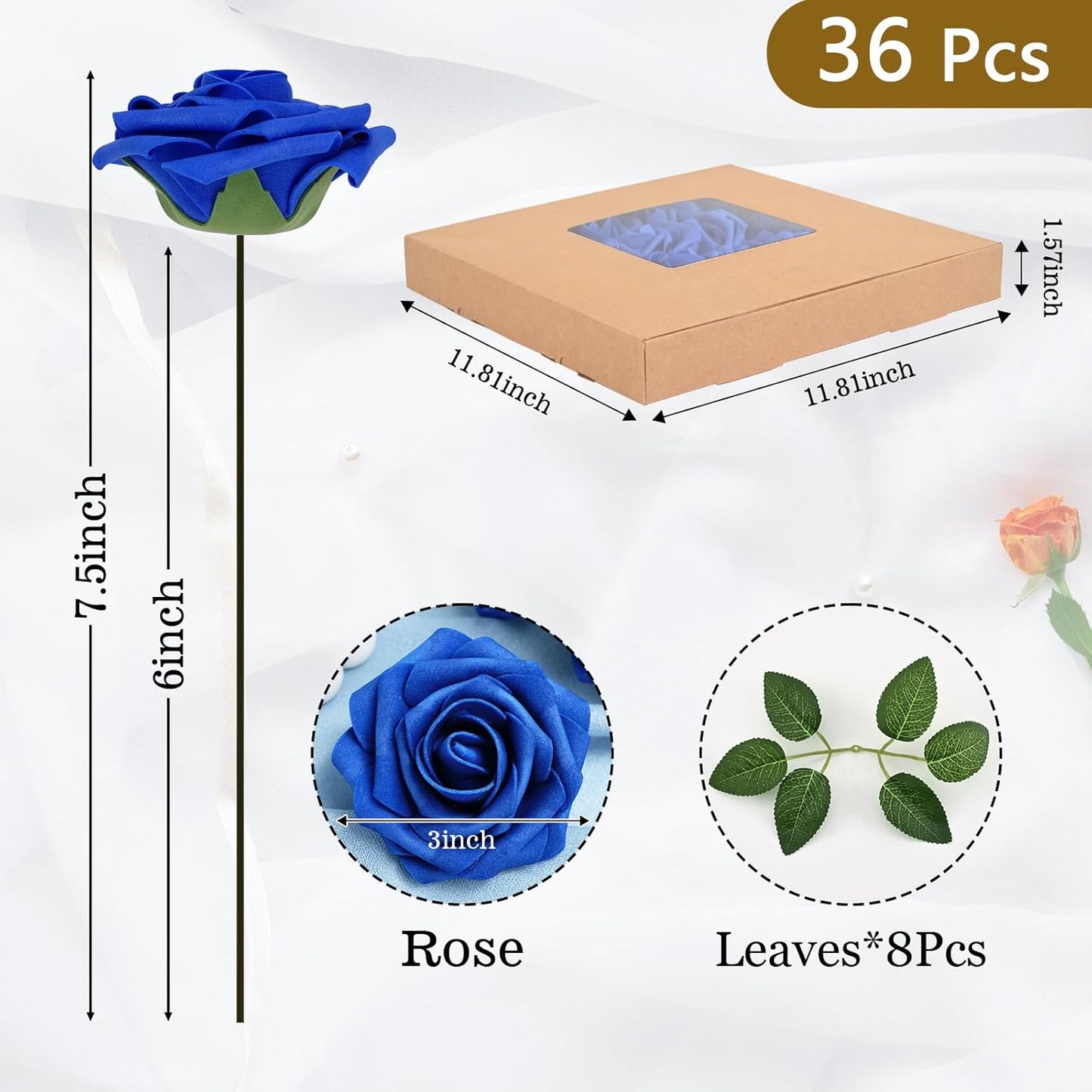 BLEUM CADE 36Pcs Artificial Flowers Fake Roses with Stems, Royal Blue Boxed Foam Roses for DIY Bouquets Centerpieces Wedding Party Arrangement Bridal Shower Decor