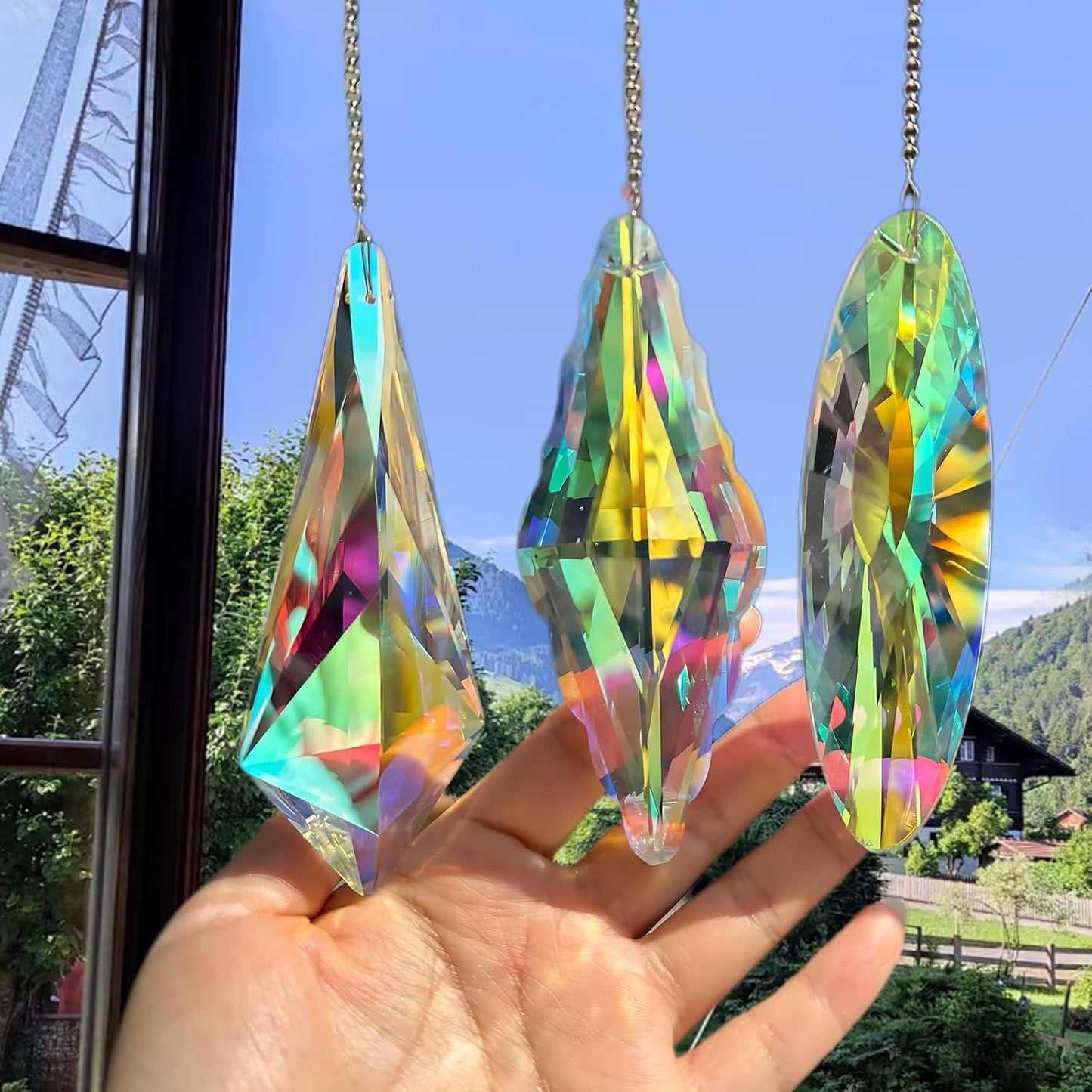 3PCS 5" Large Crystal Suncatcher Prisms - Hanging Crystals for Window & Garden, Sun Catchers with Prisms Decor | Creates Rainbows Indoors/Outdoors, Heavy Duty Hanging Crystals Decor