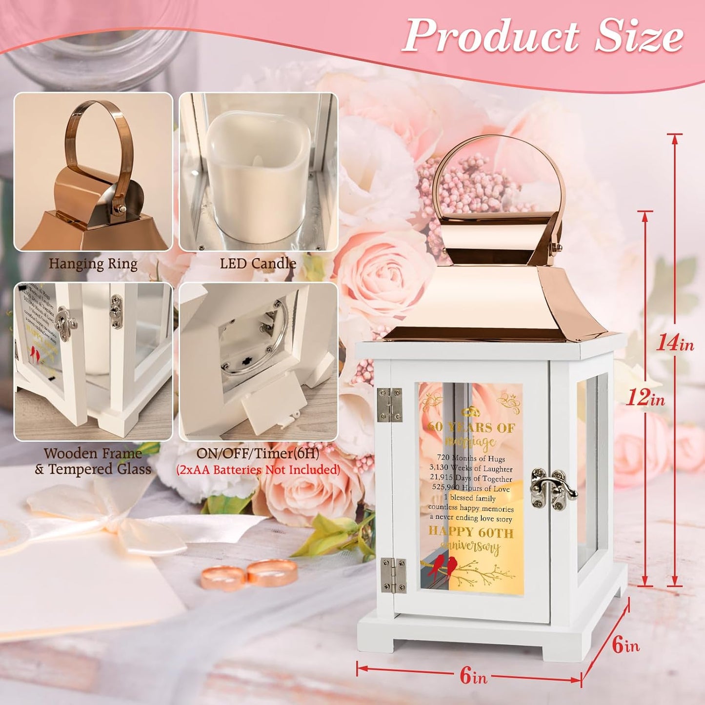 60th Wedding Anniversary Lantern - Rose Gold 60th Anniversary Wedding Gift for Couple, Parents, Grandparents