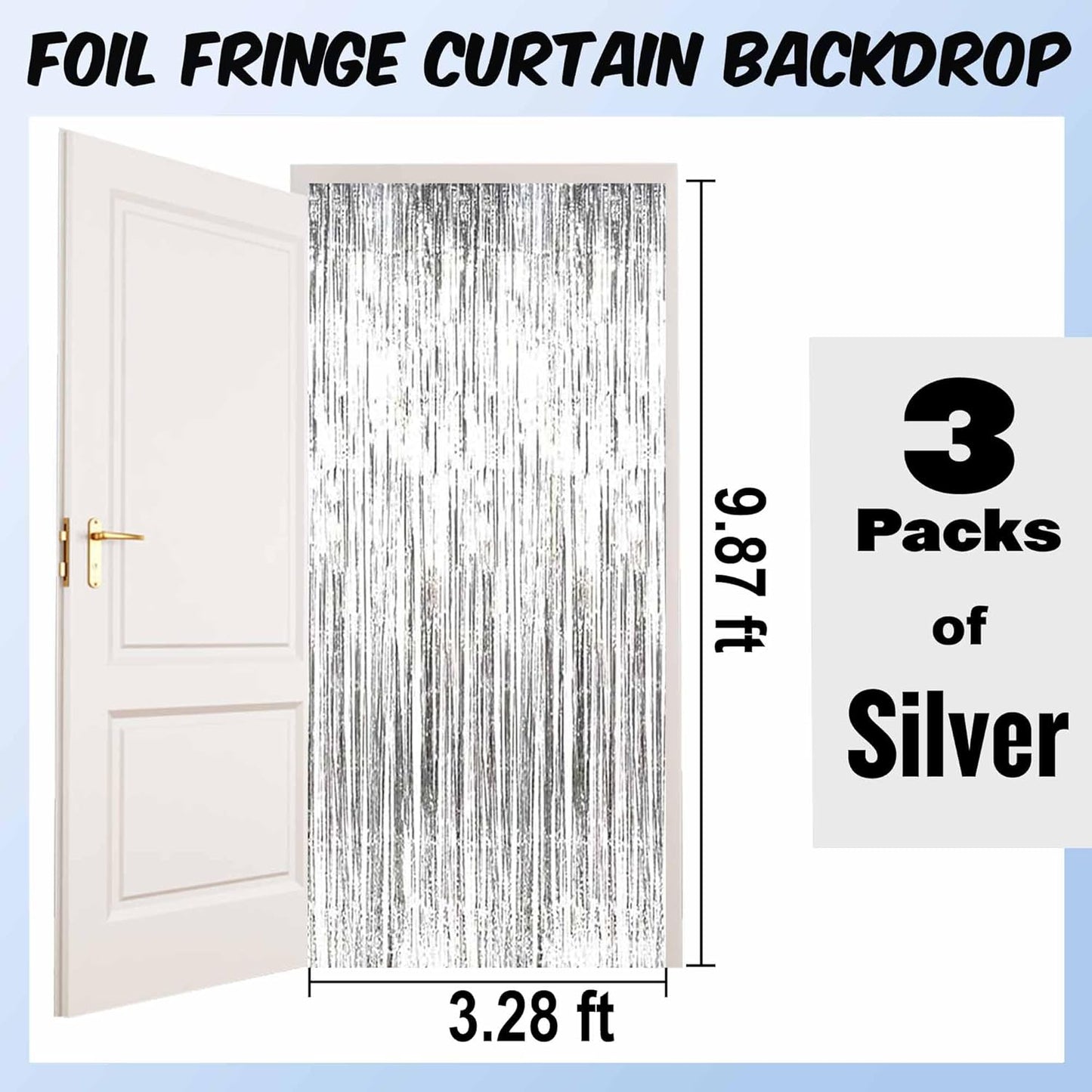 3 Pack Silver Foil Fringe Curtains Backdrop, 3.28 x 9.8 Ft Metallic Streamers Tinsel Curtains Background for Photo Booth, Birthday, Halloween, Christmas, Thanksgiving, New Year Party Decorations