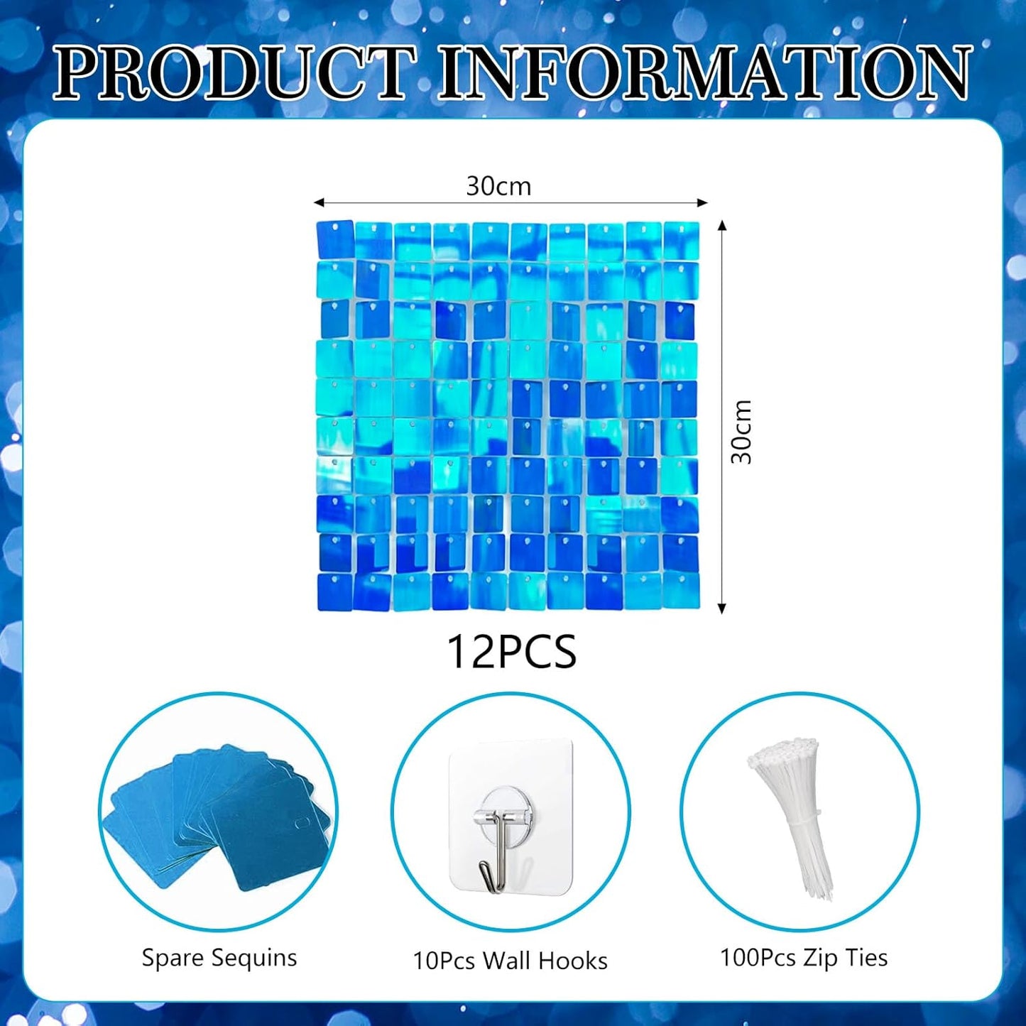 12PCS Colorful Lake Blue Shimmer Wall Backdrop, Square Sequin Photo Backdrops Panel, Glitter Wall Background for Birthdays, Weddings, Christmas, Engagements, Disco Bachelorette Party Decor (3FTx4FT)