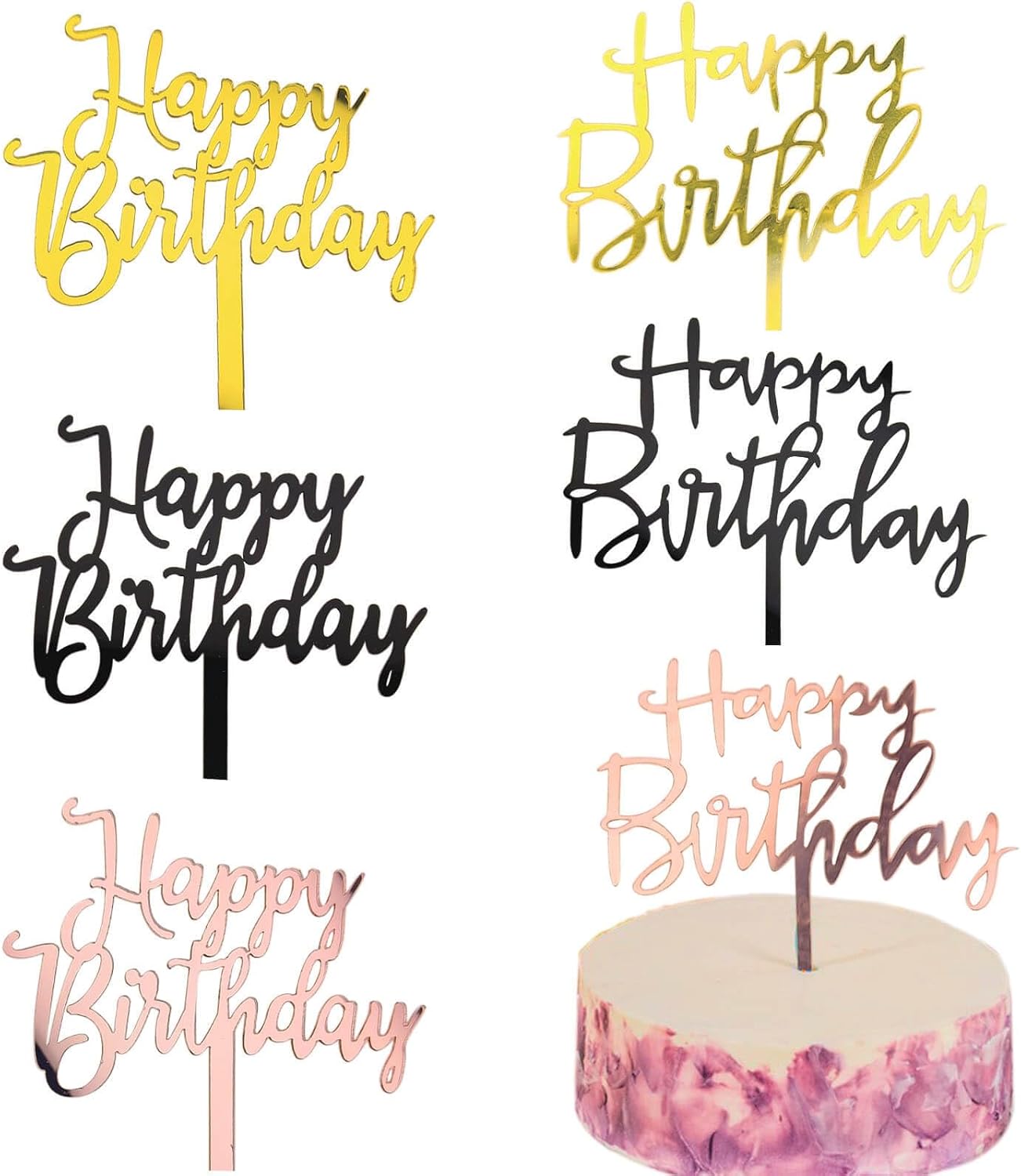 Happy Birthday Cake Toppers - 6 Pack (2 Styles, 3 Colors) Acrylic Cake Decorations for Women & Men Party Toppers for Cakes, Cupcakes
