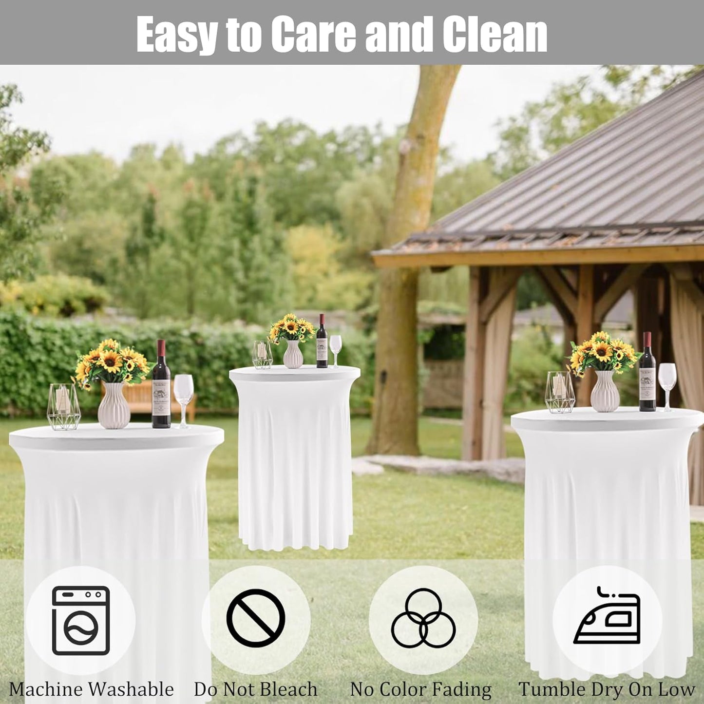 Fivenl 2 Pack Spandex Cocktail Table Skirt 32"x 43" White Stretch Cocktail Table Cover, Washable Round High Top Tablecloth for Bar, Wedding, Party, Events (White)