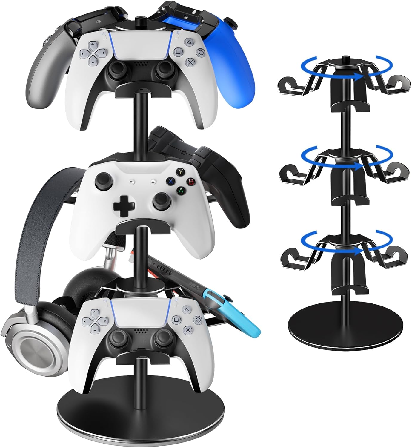 Controller Holder Stand 3 Tiers, Rotatable Gaming Headset Stand Compatible with Xbox PS5 PS4 Nintendo Switch Pro, Aluminum Headphone Organizer Rack, Desktop Gampads Holder, Black