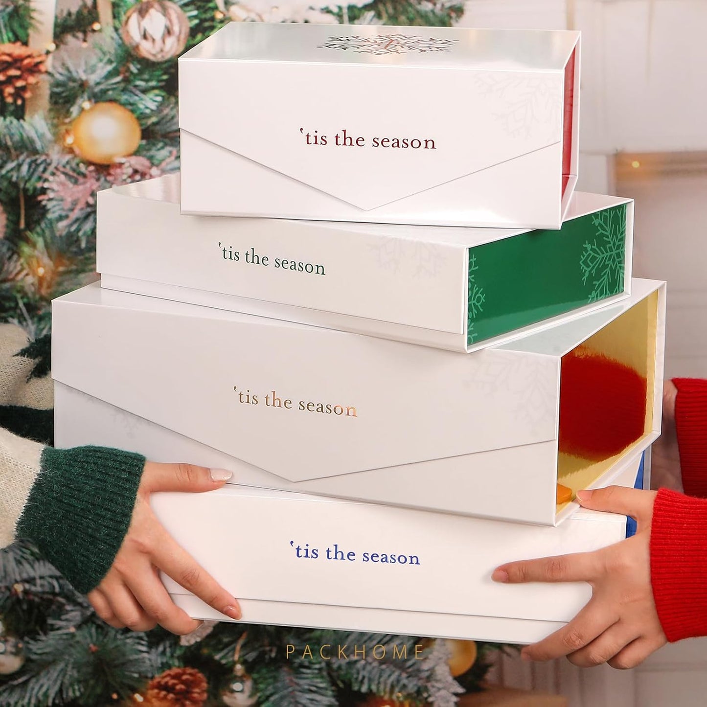 PACKHOME 6 Christmas Gift Boxes 11x7.8x2.3 Inches, Gift Boxes with Lids, Sturdy Shirt Boxes with Magnetic Lids for Wrapping Gifts (Blue Snowflake Pattern)