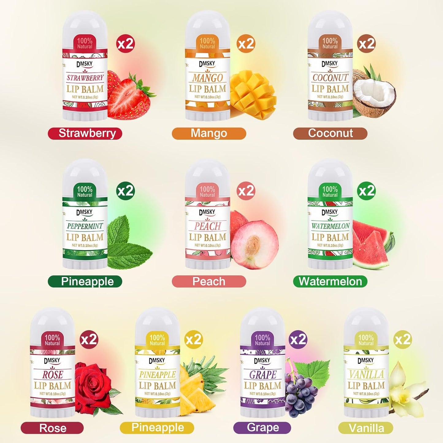 DMSKY 20 Pack Mini Lip Balm, Natural Lip Balm Bulk with Vitamin E and Coconut Oil, Moisturizing Lip Balms for Dry Cracked lips - 10 Flavors