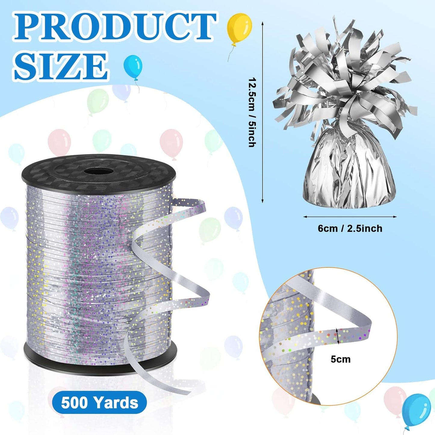 24 Pcs Balloon Weights Metallic Anchor Balloon Holder for Helium Balloons Heavy Table Weights and 1 Roll Iridescent Crimped Ribbon for Birthday Wedding Halloween Christmas Party(Silver)