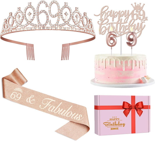 69th Birthday Decorations for Women, Including Birthday Sash, Crown/Tiara, Candles, Cake Topper, 69 Year Old Gifts for Women