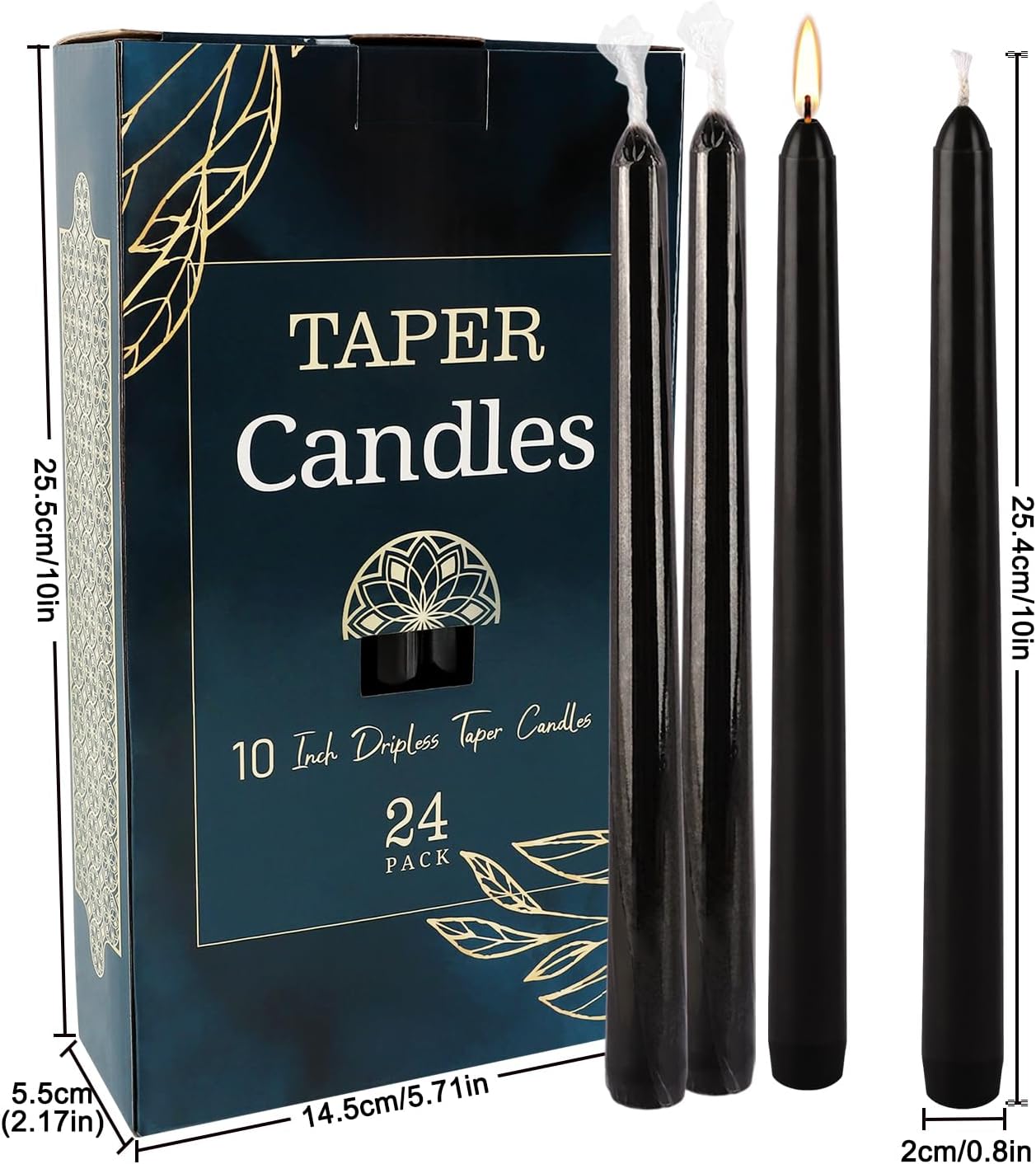 24 Pack Black Taper Candles, 7-8 Hours Burn Time, Unscented, Smokeless and Dripless, 10 Inch Dinner Candle Set for Household, Wedding, Party and Home Décor Candlesticks.