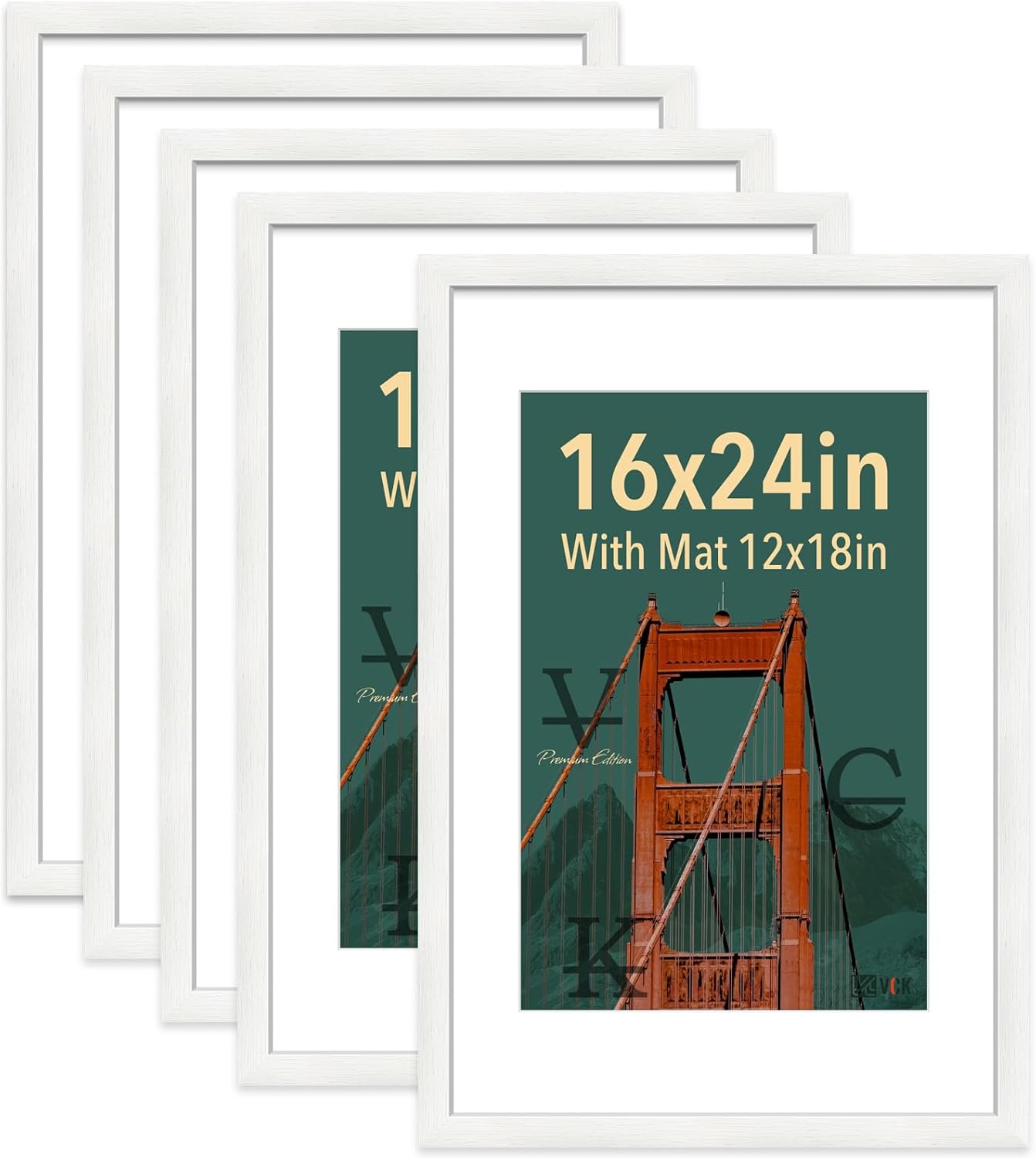 VCK 16x24 Poster Frame 5 Pack, Matted to 12x18 or 16x24 without Mat, Textured Exclusive Solid Wood Picture Frame, White