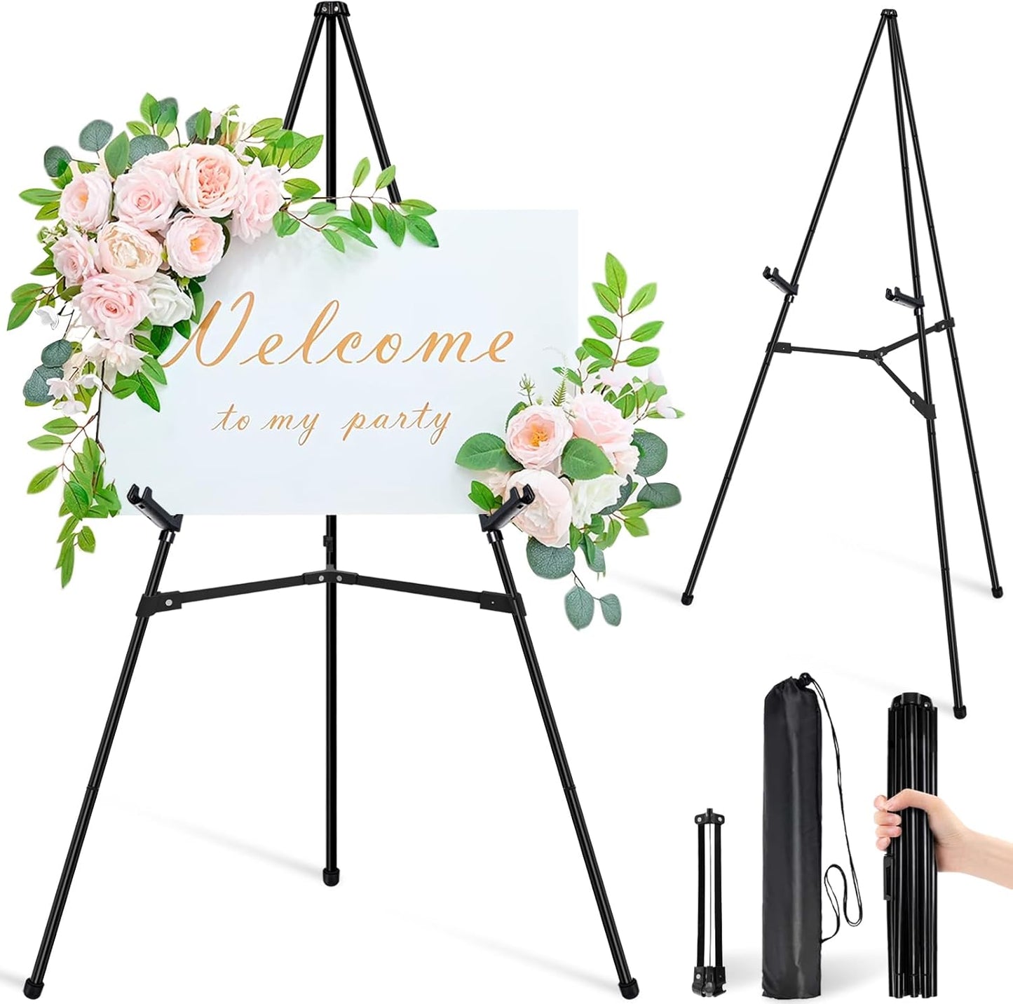 Easel Stand for Sign - 63" Display Easel for Wedding Sign Stand Poster Stand, Lightweight Adjustable Poster Easel for Painting, Portable Easel Stand with Carrying Bag, Black 1Pcs