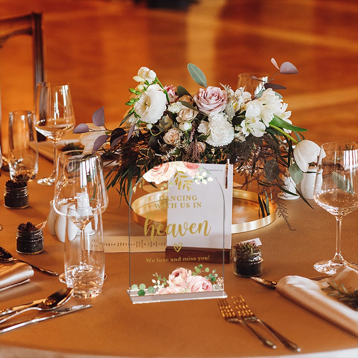 Acrylic Wedding Signs, Bridal Shower Decorations, Modern Calligraphy Arch Acrylic Table Top Sign for Wedding Reception and Engagement Parties - Dancing With Us in Heaven (Clear Pink Flowers)