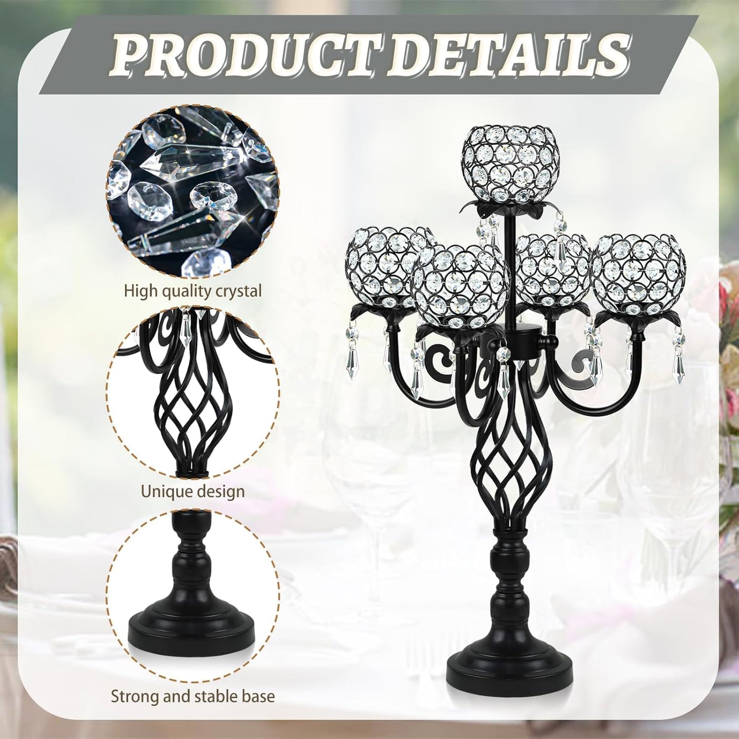 5-Arm Crystal Candelabra Centerpiece 23.2" Tall - Elegant Candle Holder Stand with Crystal Bowl, Chic Table Decor for Weddings, Parties, Anniversary & Home Decoration (4, Black)