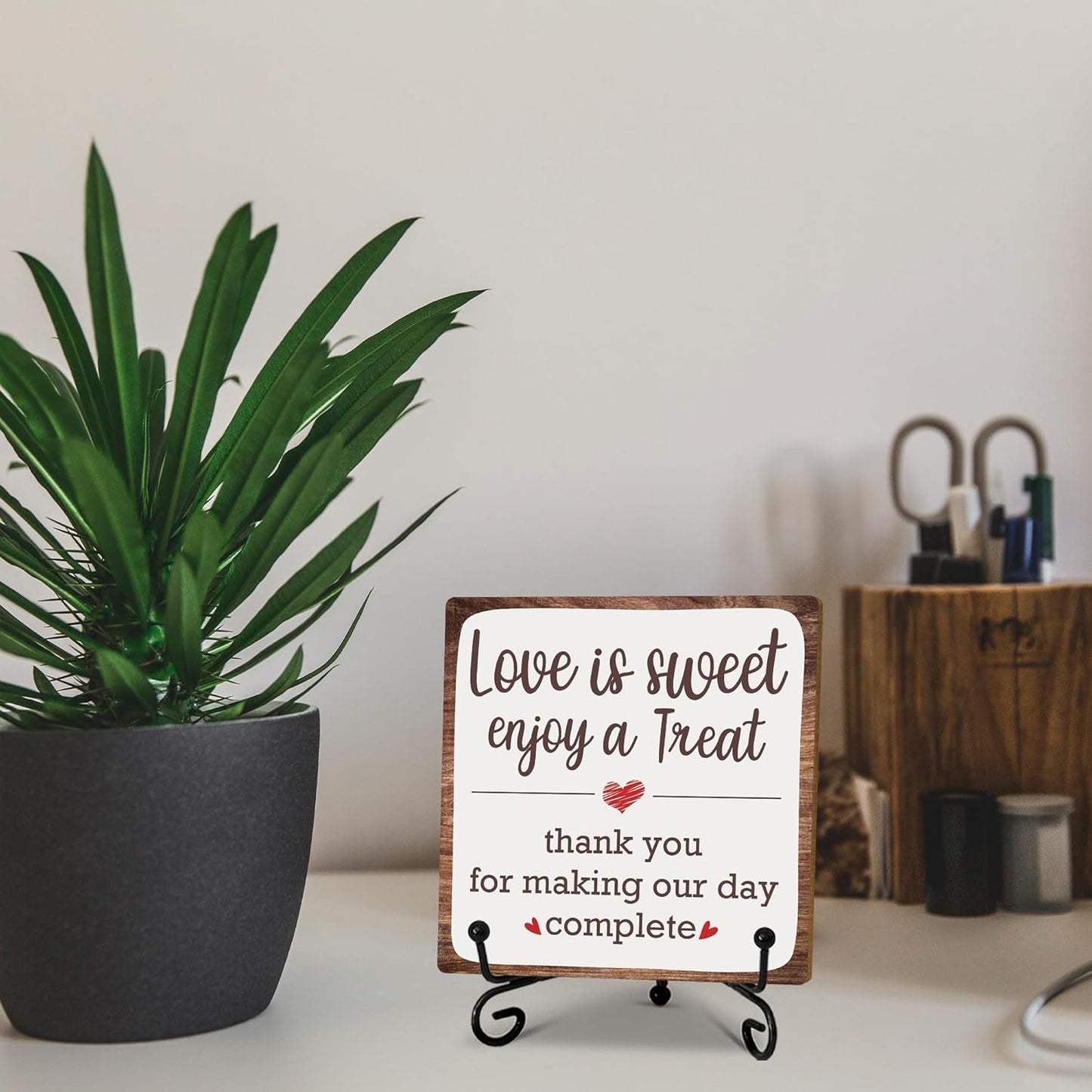 5“ Romantic Decor Plaque, Love Is Sweet Enjoy A Treat Table Sign With 1 Iron Support For Wedding Party Dessert Table, Wedding Party Bridal Shower Anniversary Valentine's Day Party Decor.