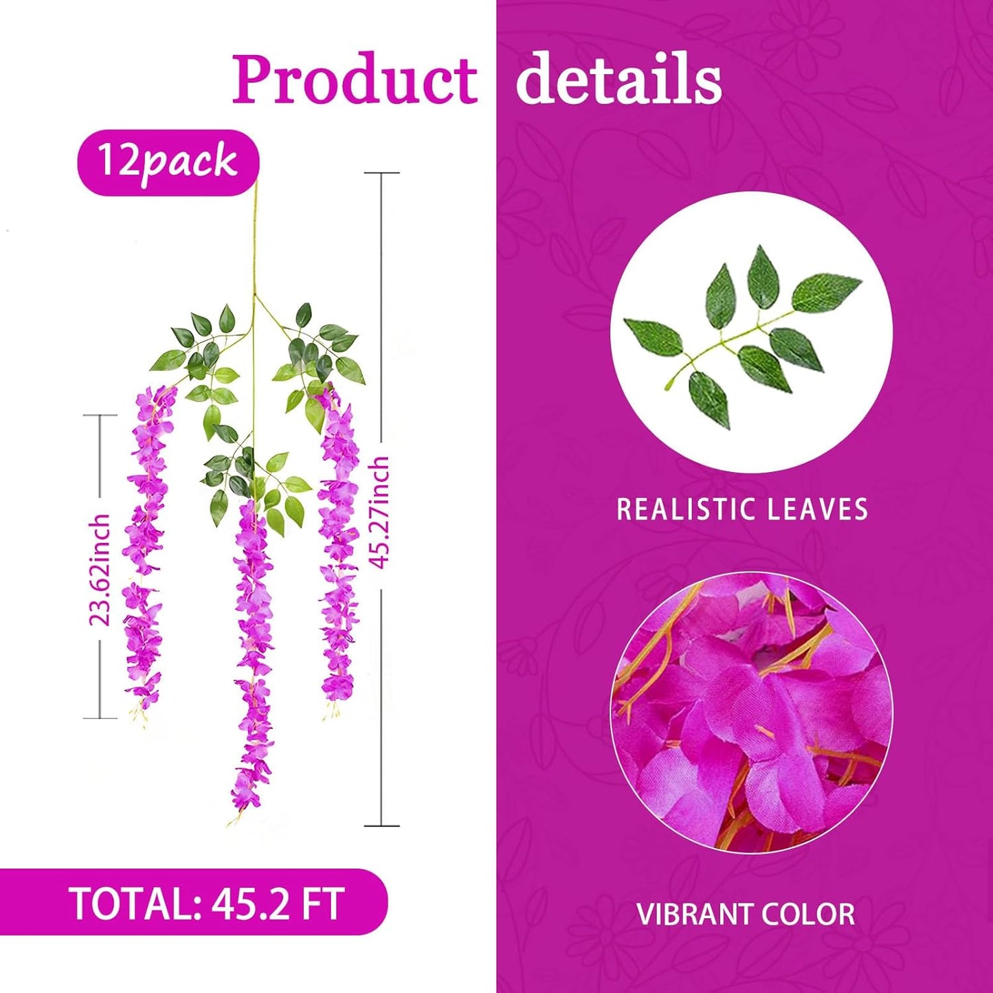 12 Pack Purple Red Wisteria Hanging Flowers Garland, 3.77 Feet Artificial Flower Vines, Fake Wisteria, Artificial Vines Hanging Garland for Backdrop Outdoor Yard Garden Decor