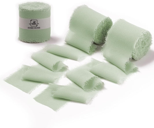 DORIS HOME Sage Green Chiffon Ribbon for Flower Bouquet, 2" x21Yd Fabric Ribbon for Gift Wrapping, Handmade Frayed Ribbon for Wedding/Christmas Decorations