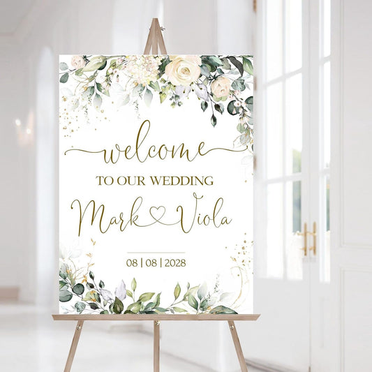Welcome Wedding Sign Personalized, Minimalist Ivory Floral Wedding Sign Decorations Signage 12" X 18" (Small), 27" (Medium), 36" (Large), Plastic, Modern, Pole Mount, Weather