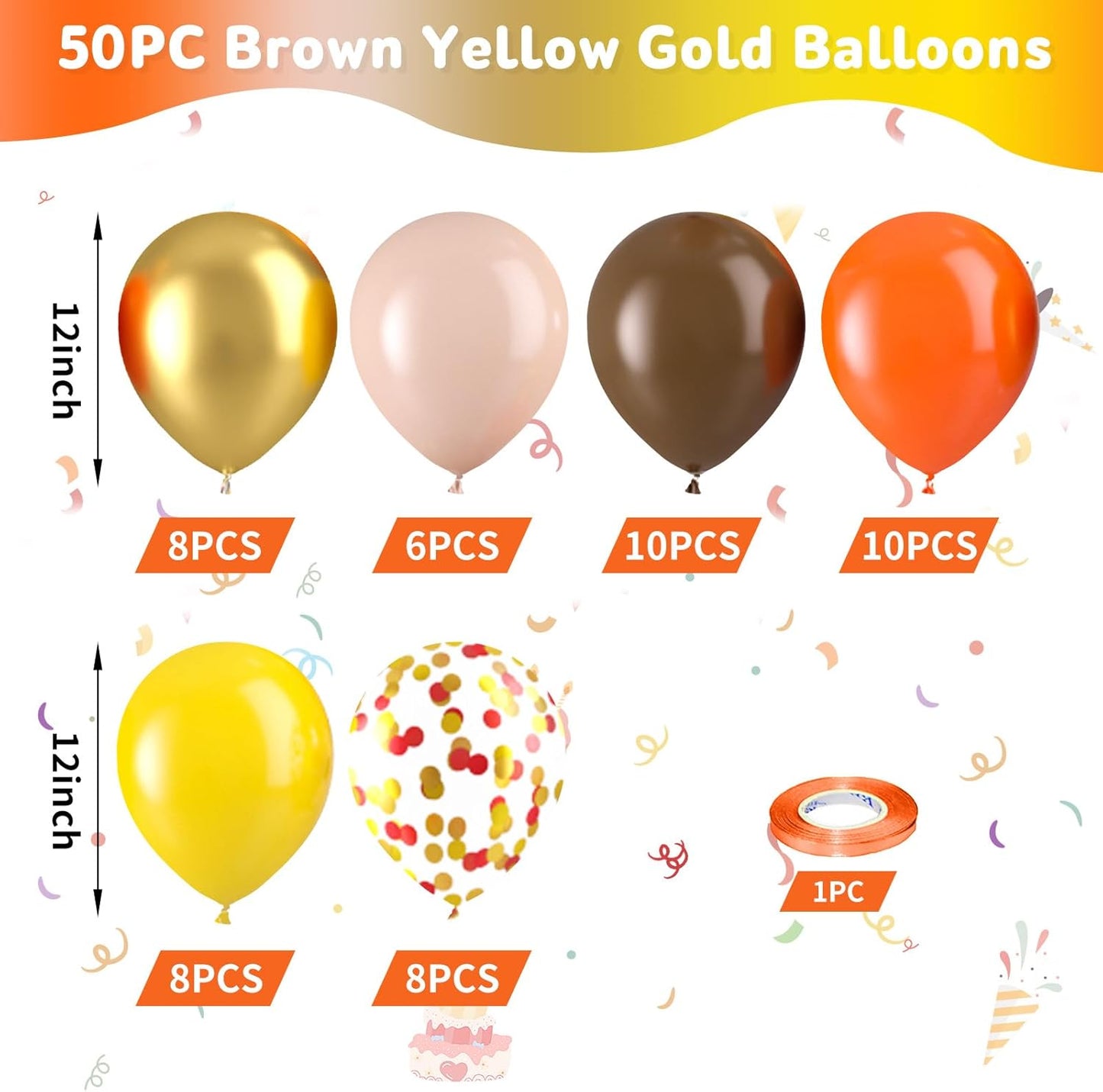 Fall Balloons, 50pcs Orange and Gold Balloons, Orange Brown Yellow Balloon, Gold Red Confetti Balloon for Birthday Baby Shower Thanksgiving Fall Theme Party Wedding Bridal Shower Bachelorette Decor