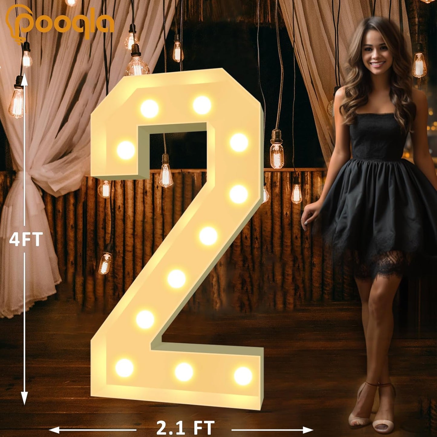 Pooqla 4 FT Light Up Marquee Numbers, Cool White and Warm White LED Large Lighted Marquee Numbers, Giant Mosaic Light Up Numbers for Balloons 2nd 20th 21st Birthday Party Decoration, LED Number 2