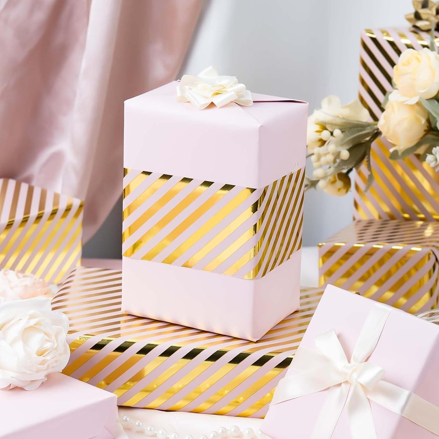 Burymento Pink and Gold Stripes Wrapping Paper, Reversible Pink Gift Wrap for Birthday, Valentines, Mothers day, Graduation, Wedding, Fathers day, Baby Shower, Christmas (17in x 32.8ft)