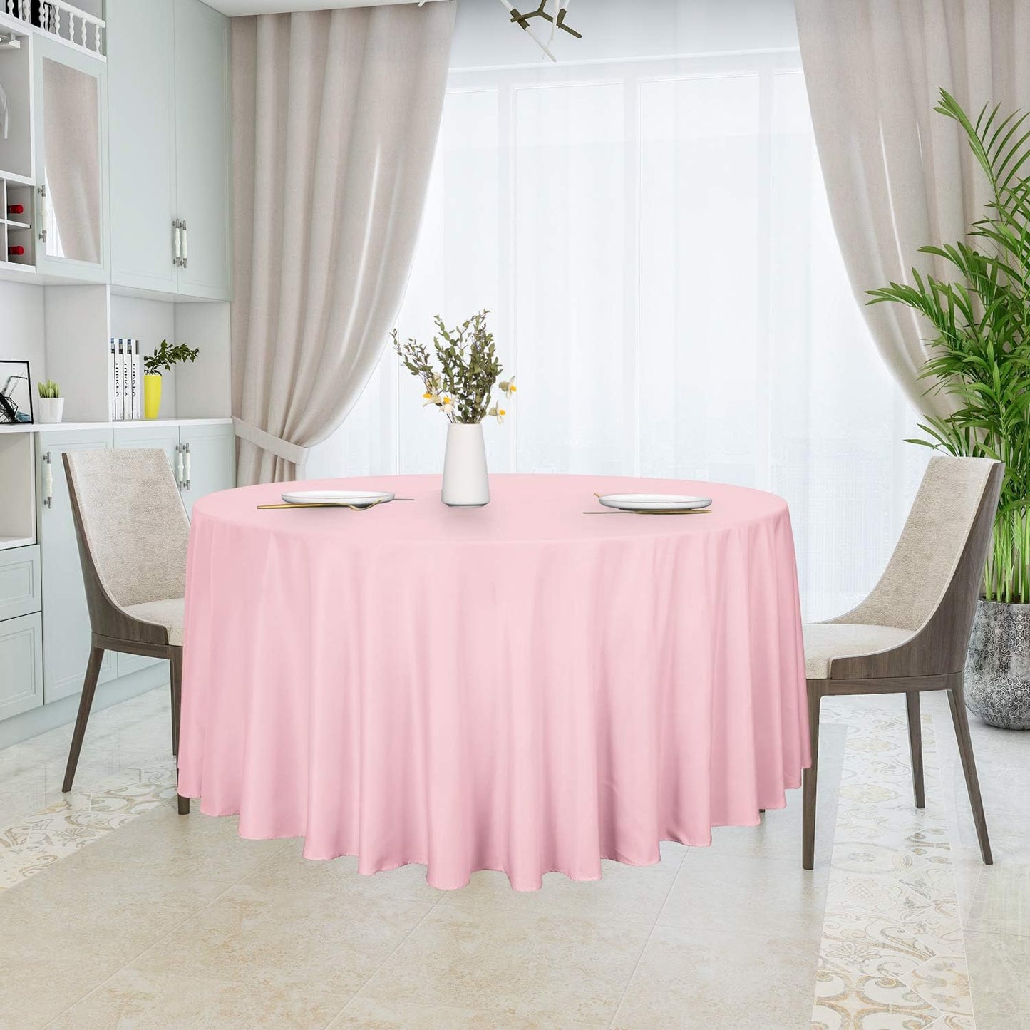 sancua Round Tablecloth - 120 Inch - Water Resistant Spill Proof Washable Polyester Table Cloth Decorative Fabric Table Cover for Dining Tables, Buffet Parties and Camping, Pink
