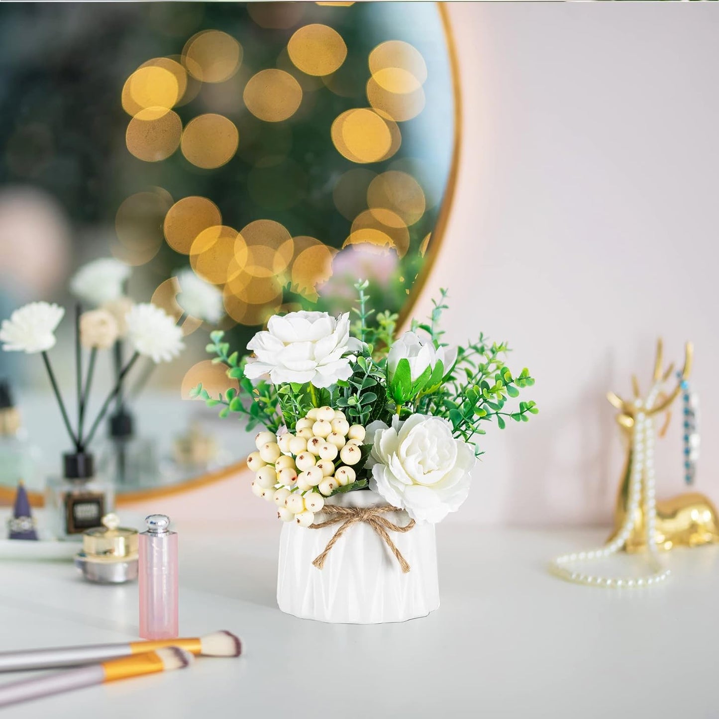 BLOSMON Table Decor Artificial Flowers Vase 7 Inch Small Fake Flower White Arrangement 2pcs Floral Arrangement for Tables Centerpieces Kitchen Dining Room Decorations Faux Flower in Vase Silk Roses