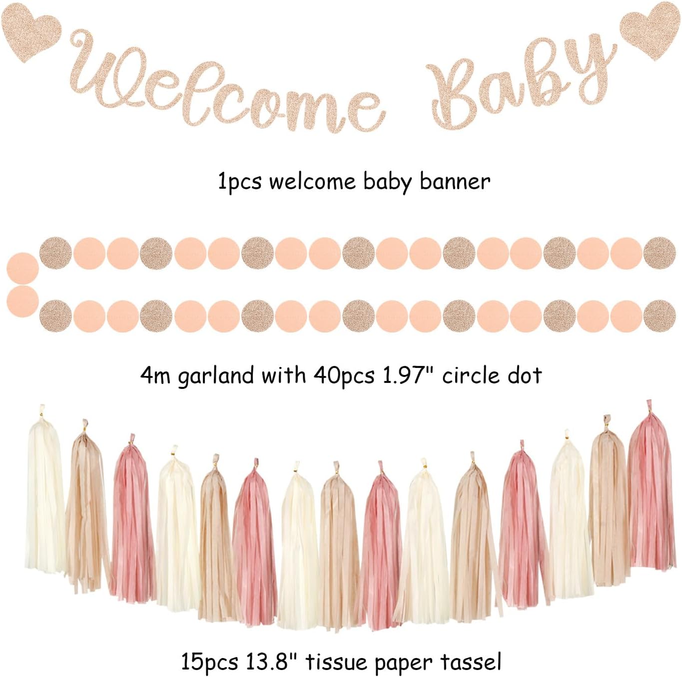 Blush-Pink Rose-Gold Fall Baby-Shower Party-Decorations - 31pcs Welcome Home Banner Sign,Neutral Paper Lanterns,Girl Streamers Garland,Boho Hanging Tissue Pom Poms Flowers Fans Backdrop Decor Burgleda
