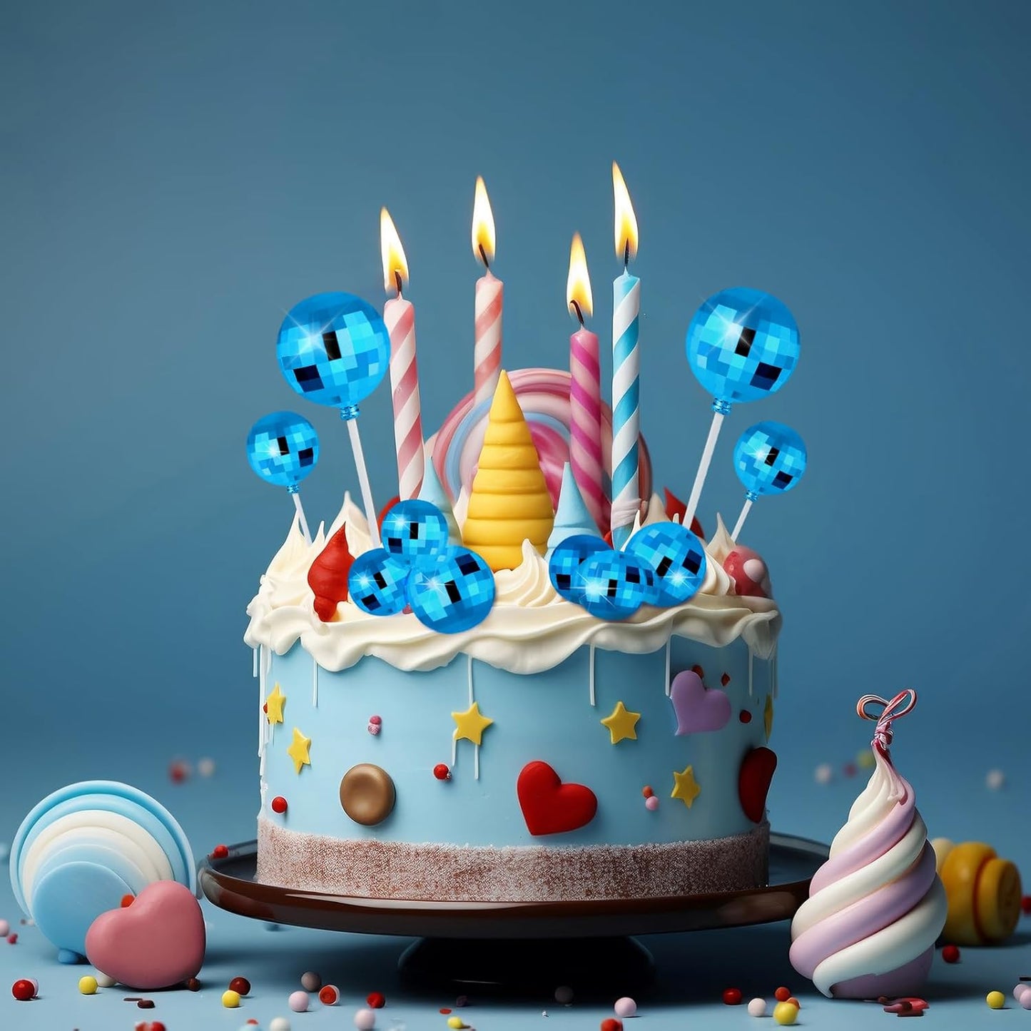 ASTARON 20 Pcs Disco Ball Cake Topper Decorations Sticks Blue Cake Balls Picks Toppers for Birthday Anniversary Disco Retired Theme Party Decorations