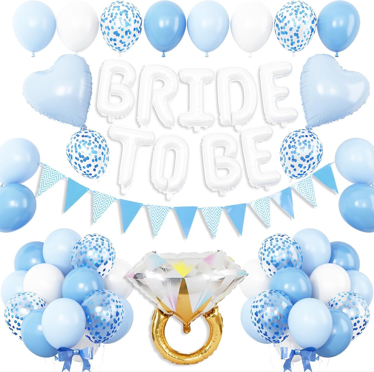 Blue White Bachelorette Party Decorations, White Bride To Be Bridal Shower Balloons Decorations, Blue Confetti Balloons with Diamond Ring Baby Blue Heart Balloon for Bachelorette Engagement Wedding