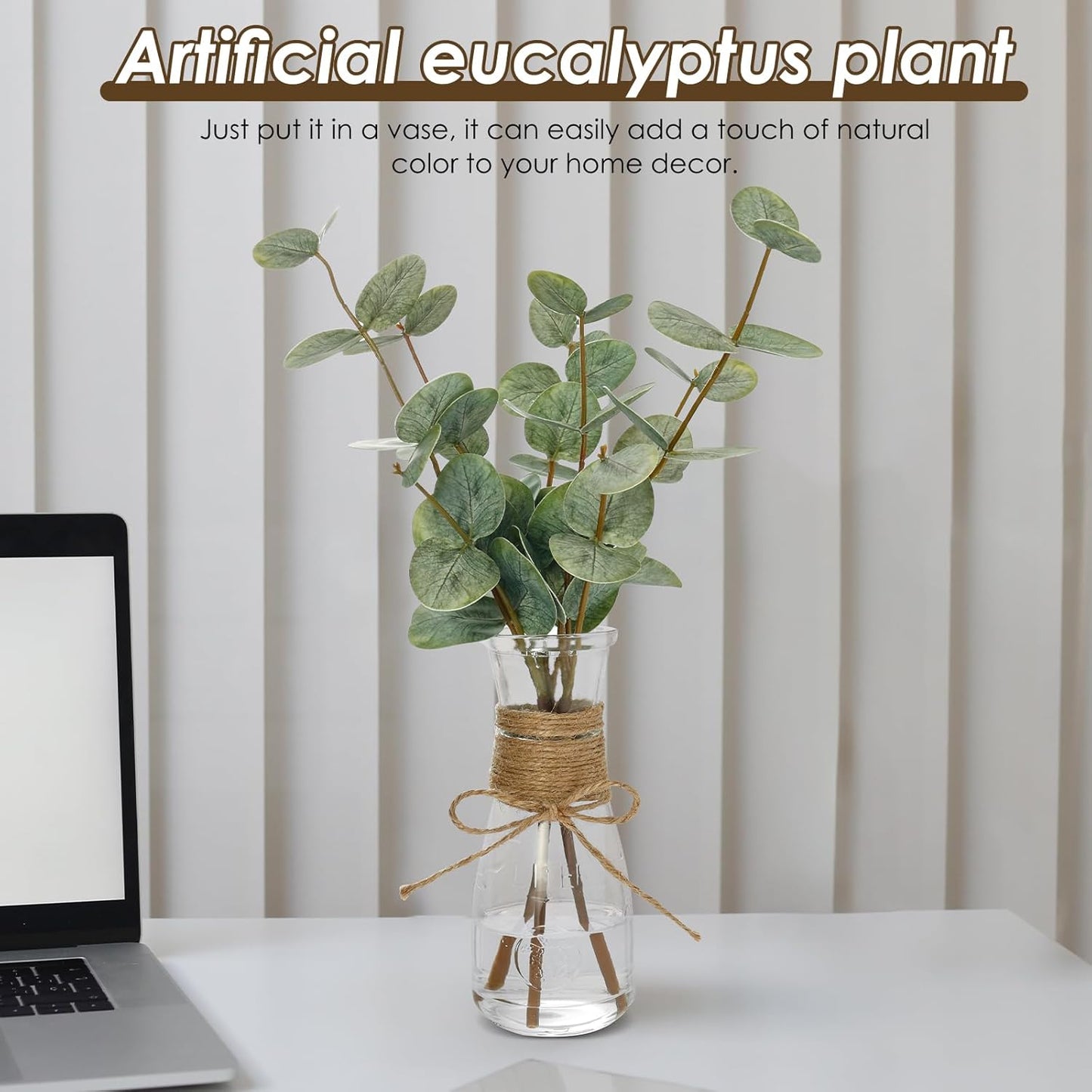 2 Pack Artificial Eucalyptus Stems in Glass Vase Decorative Greenery Artificial Plant with Double Sided Green Eucalyptus Leaves for Home Office Decor (Green-2Pcs)