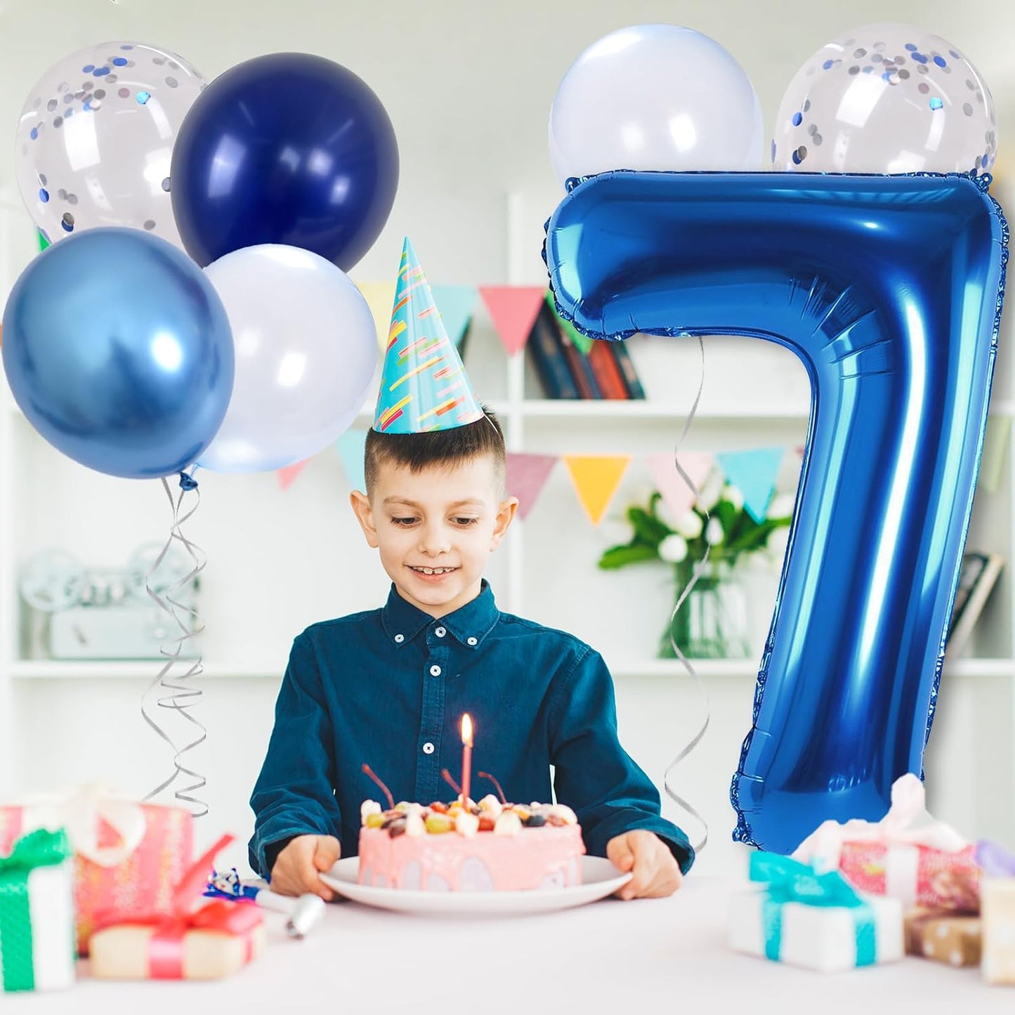 7 Balloon Number Dark Blue, Big Number 7 Mylar Balloon Pastel Navy Blue with Metallic Silver Confetti Balloon for Boys 7th Birthday, Foil 40'' Self Inflating Balloon 7 for Anniversary Party Decoration
