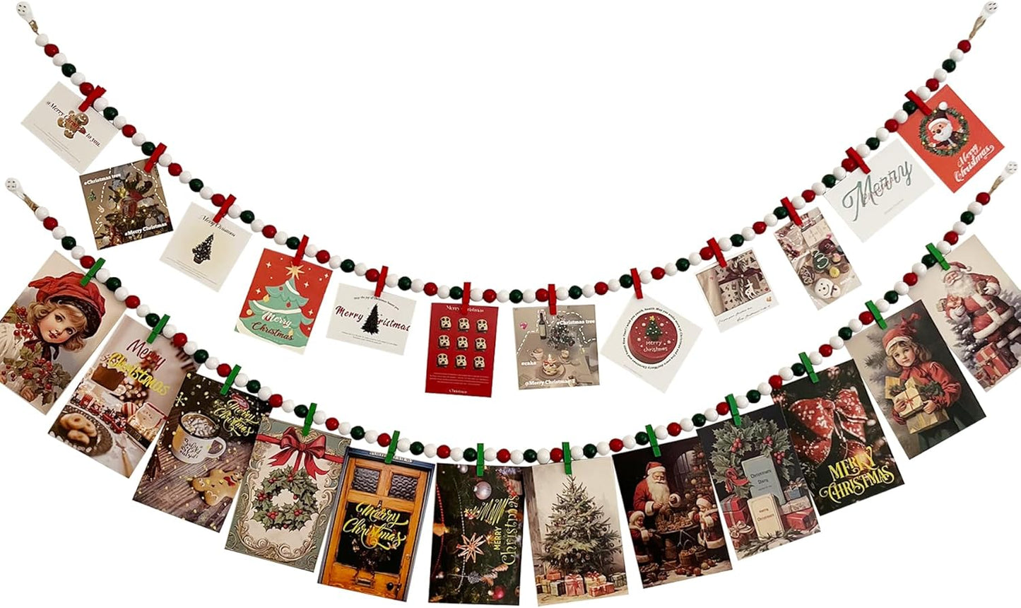2PCS Christmas Hanging Photo Display with 12 Clips, Wooden Bead Garland, Photo Frame Decoration for Dorms, Classrooms, Bedrooms, Hanging Display Card Holder