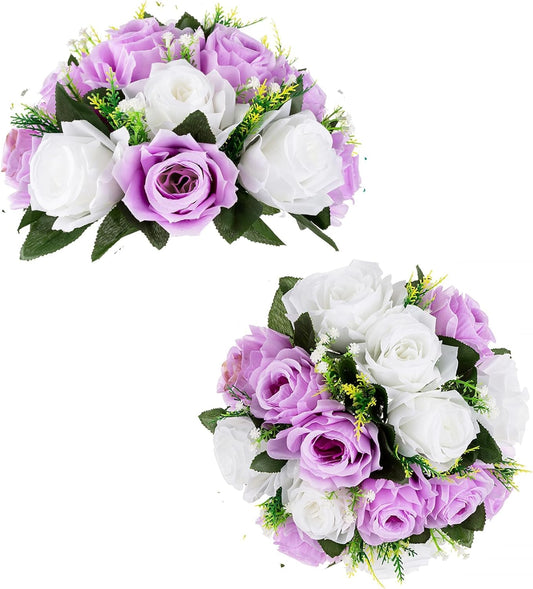 BLOSMON Lilac Purple Flowers Artificial: 2 Pcs Fake Roses Flower Balls Centerpiece for Wedding Table Decoration- Artificial Silk Kissing Bouquet Floral Arrangement for Home Party Event Decor