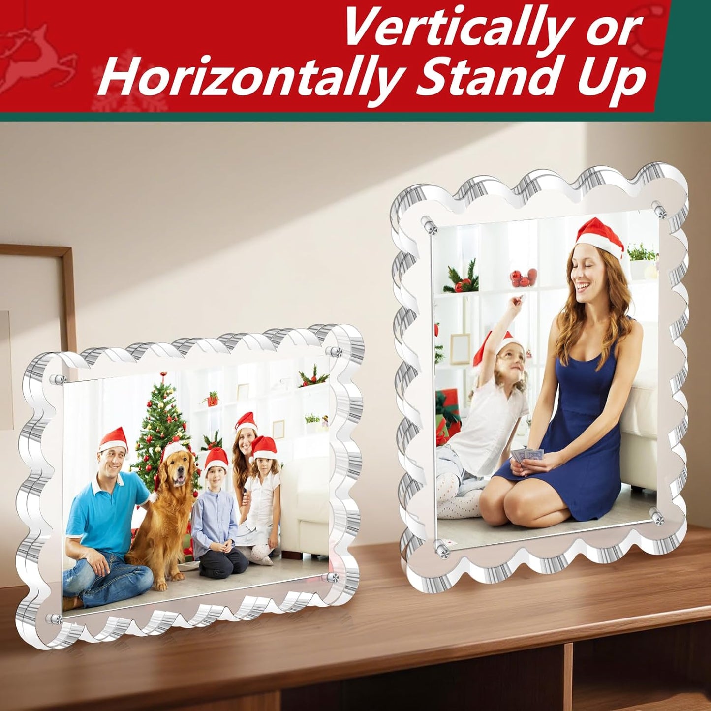 3 Pack Magnetic Acrylic Picture Frames 5x7 Inch - Freestanding Scalloped Magnet Photo Frame with 10+10MM Thick Block, Double Sided Clear Frameless Frame for Desktop Display