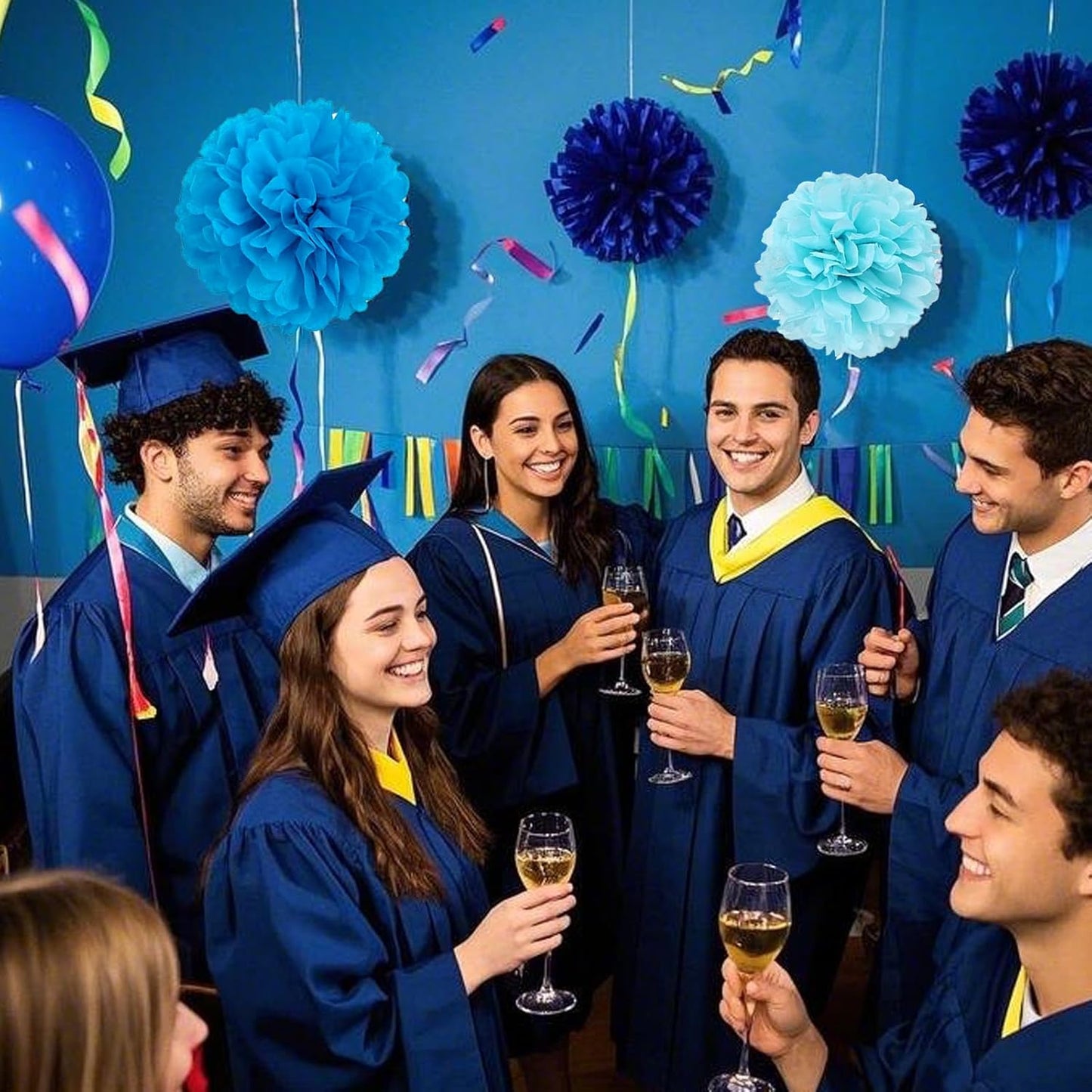 Capesaro Blue Paper Pom Poms - 10",12" Tissue Pom Poms Decorations for Baby Shower Boy Party Hanging Decor - 12 Piece Set